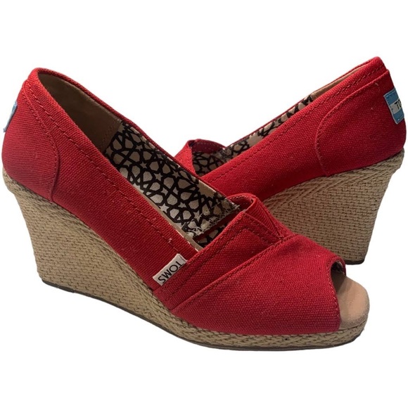 TOMS CALYPSO OPEN TOE WEDGE RED - Picture 1 of 4
